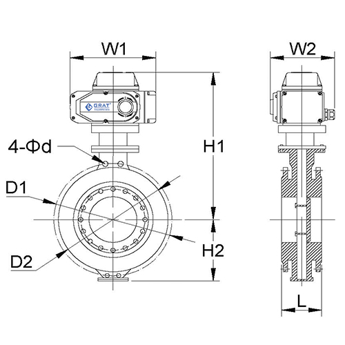 硬密封電動(dòng)蝶閥對(duì)夾連接安裝尺寸圖 硬密封電動(dòng)蝶閥安裝尺寸圖表